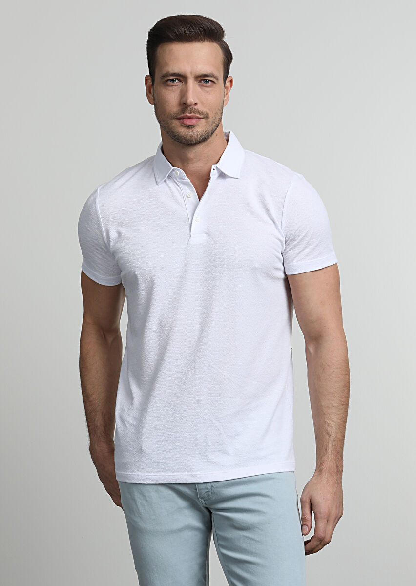Beyaz Jakarlı Polo Yaka %100 Pamuk T-Shirt - 3