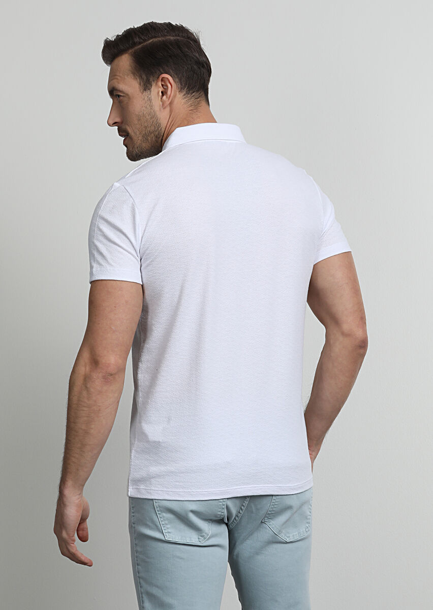 Beyaz Jakarlı Polo Yaka %100 Pamuk T-Shirt - 4