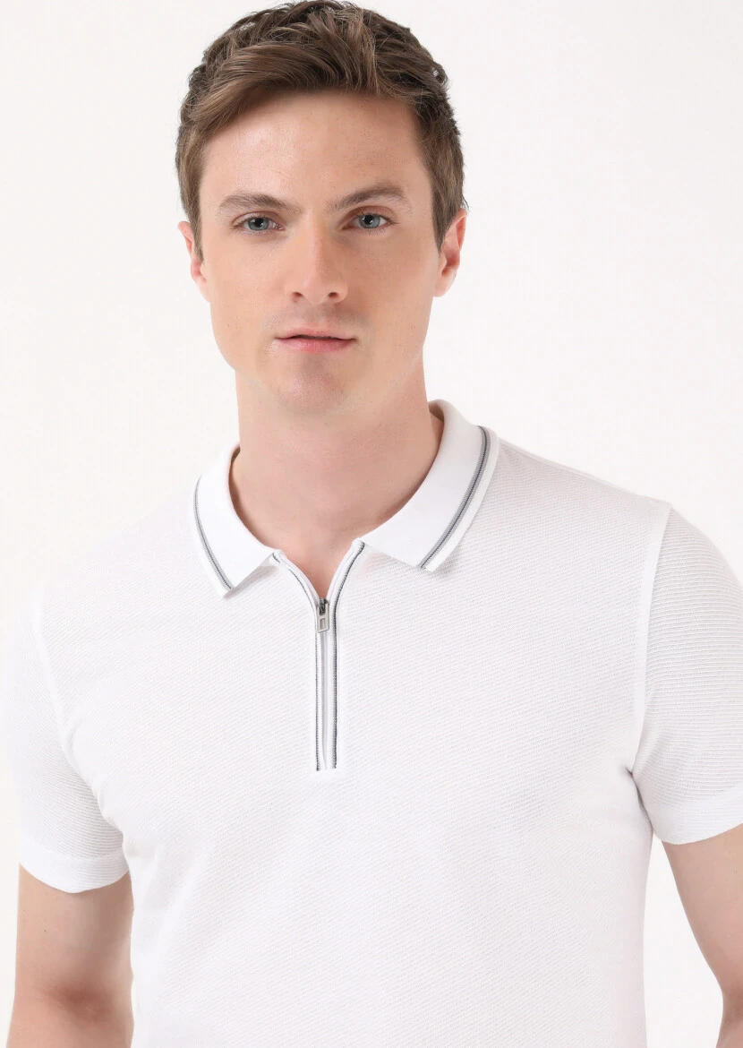 Beyaz Jakarlı Polo Yaka %100 Pamuk T-Shirt - 1