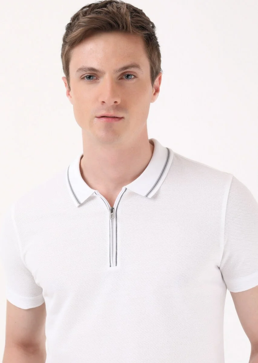 Beyaz Jakarlı Polo Yaka %100 Pamuk T-Shirt - 1