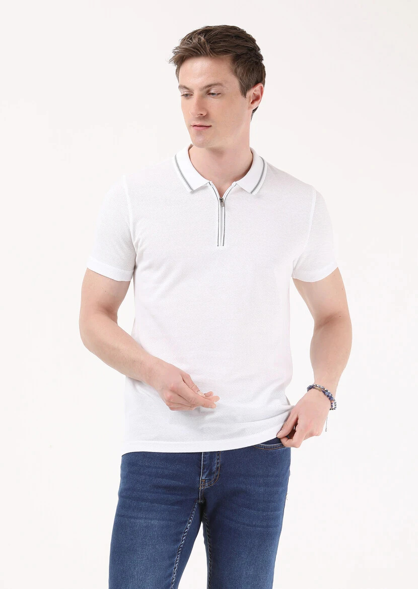 Beyaz Jakarlı Polo Yaka %100 Pamuk T-Shirt - 2