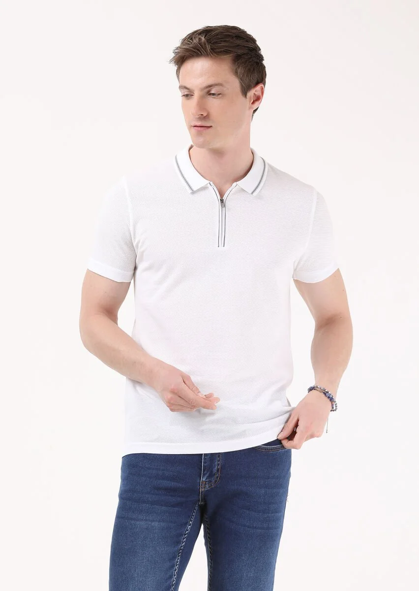 Beyaz Jakarlı Polo Yaka %100 Pamuk T-Shirt - 2