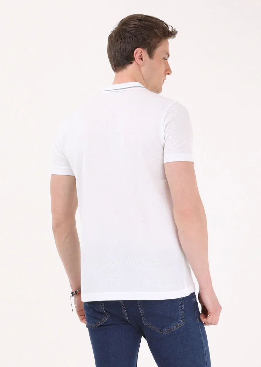 Beyaz Jakarlı Polo Yaka %100 Pamuk T-Shirt - 4