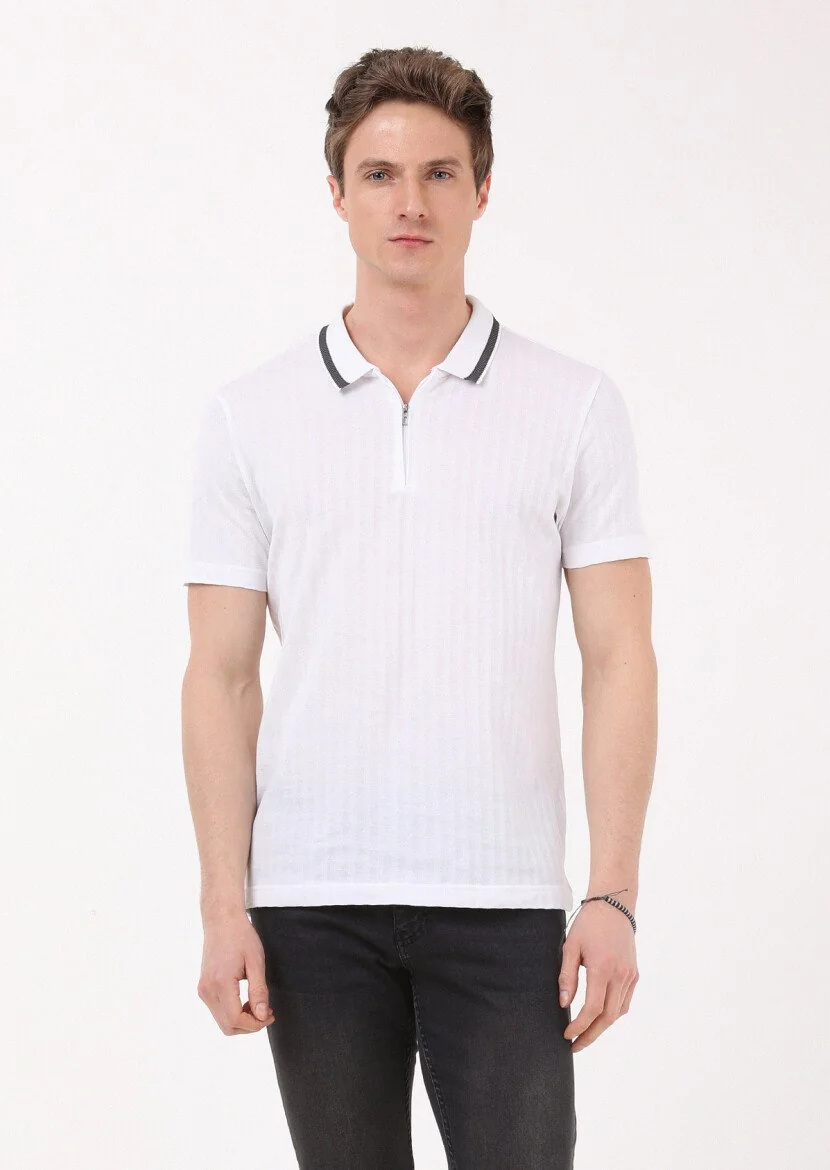 Beyaz Jakarlı Polo Yaka %100 Pamuk T-Shirt 