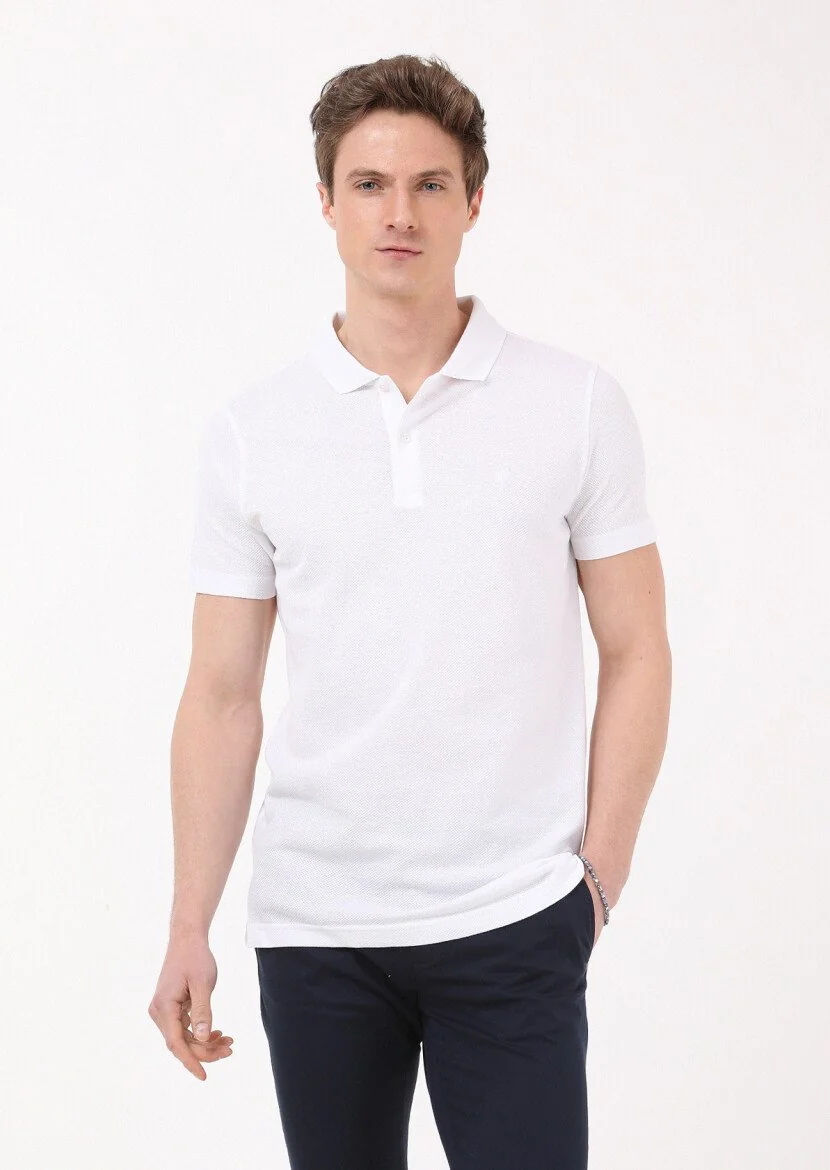 Beyaz Jakarlı Polo Yaka %100 Pamuk T-Shirt 
