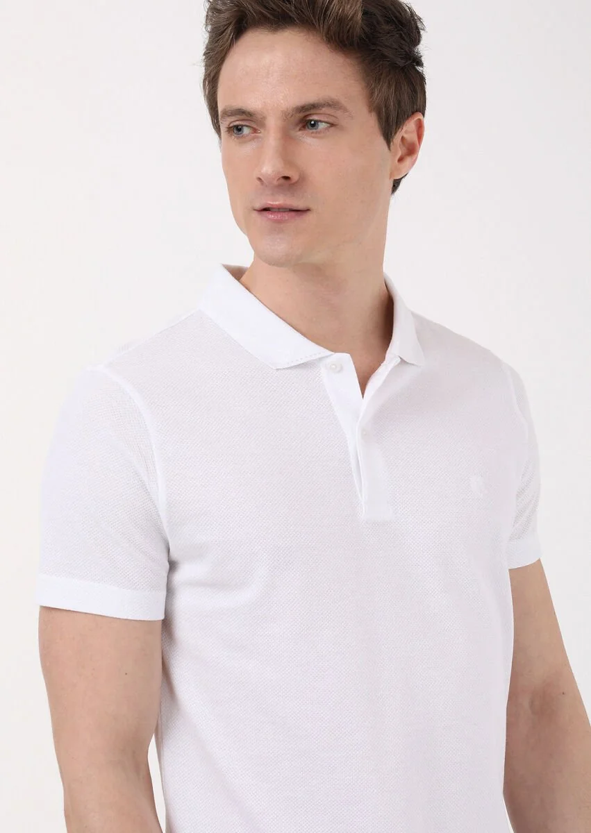 Beyaz Jakarlı Polo Yaka %100 Pamuk T-Shirt - 4