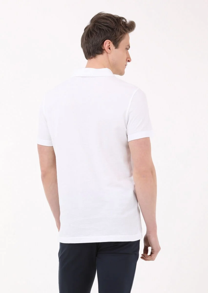 Beyaz Jakarlı Polo Yaka %100 Pamuk T-Shirt - 5