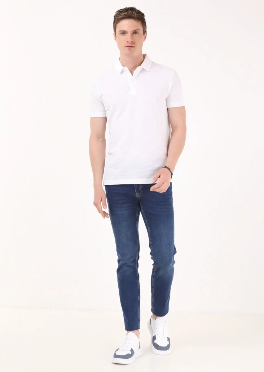 Beyaz Jakarlı Polo Yaka %100 Pamuk T-Shirt - 2