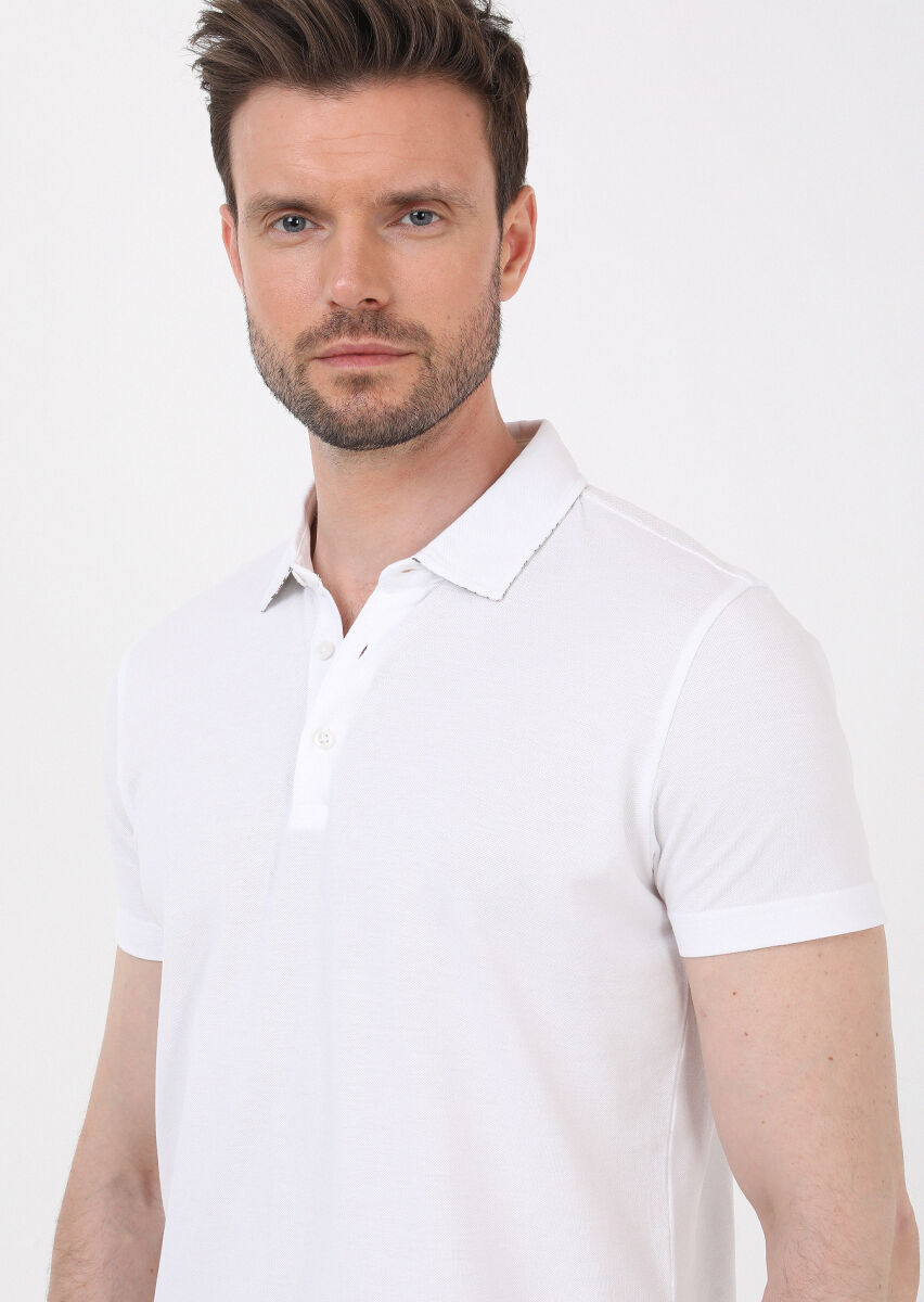 Beyaz Jakarlı Polo Yaka %100 Pamuk T-Shirt - 4