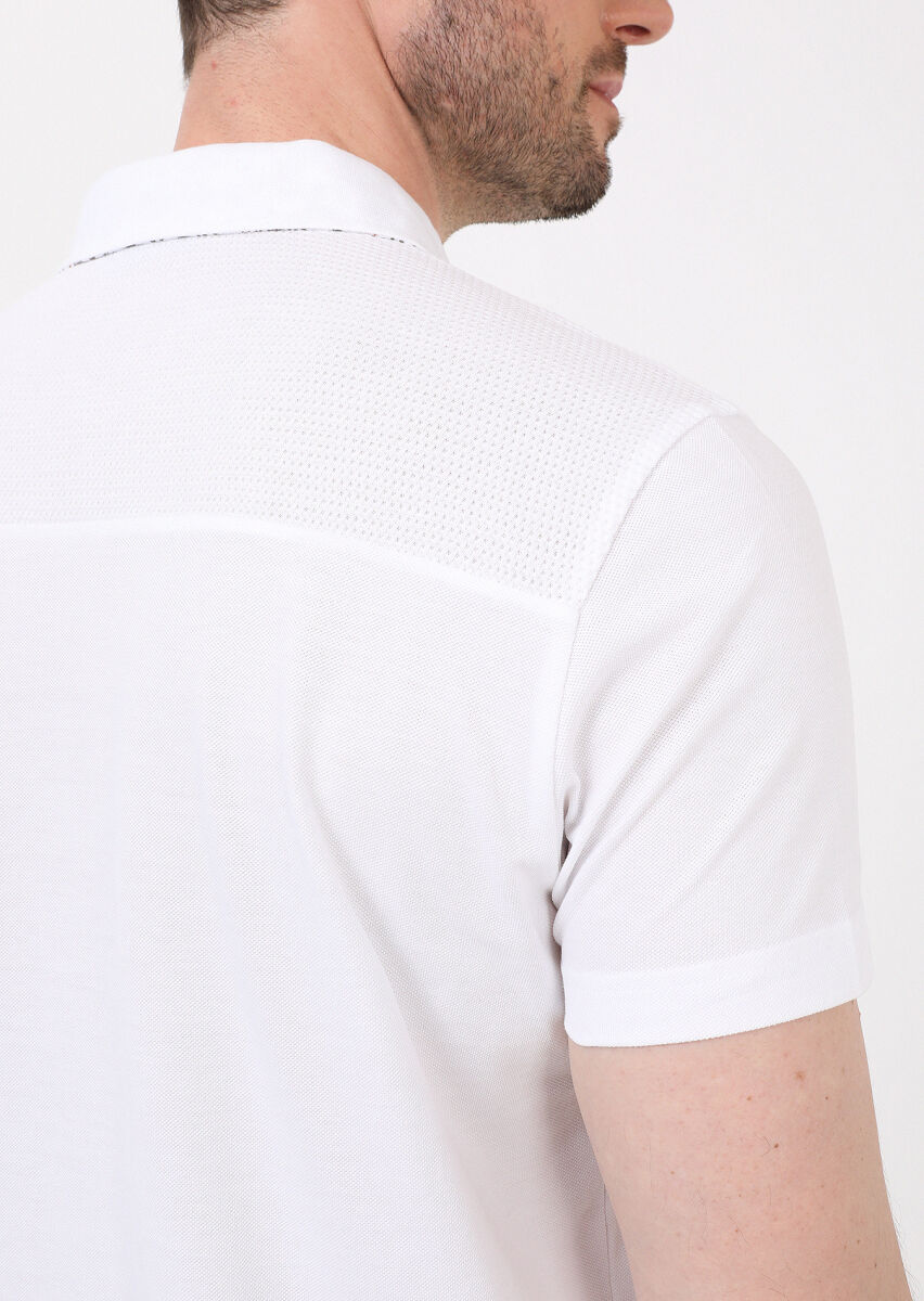 Beyaz Jakarlı Polo Yaka %100 Pamuk T-Shirt - 5
