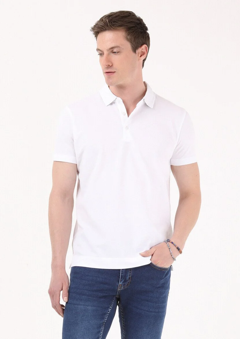 Beyaz Jakarlı Polo Yaka %100 Pamuk T-Shirt 