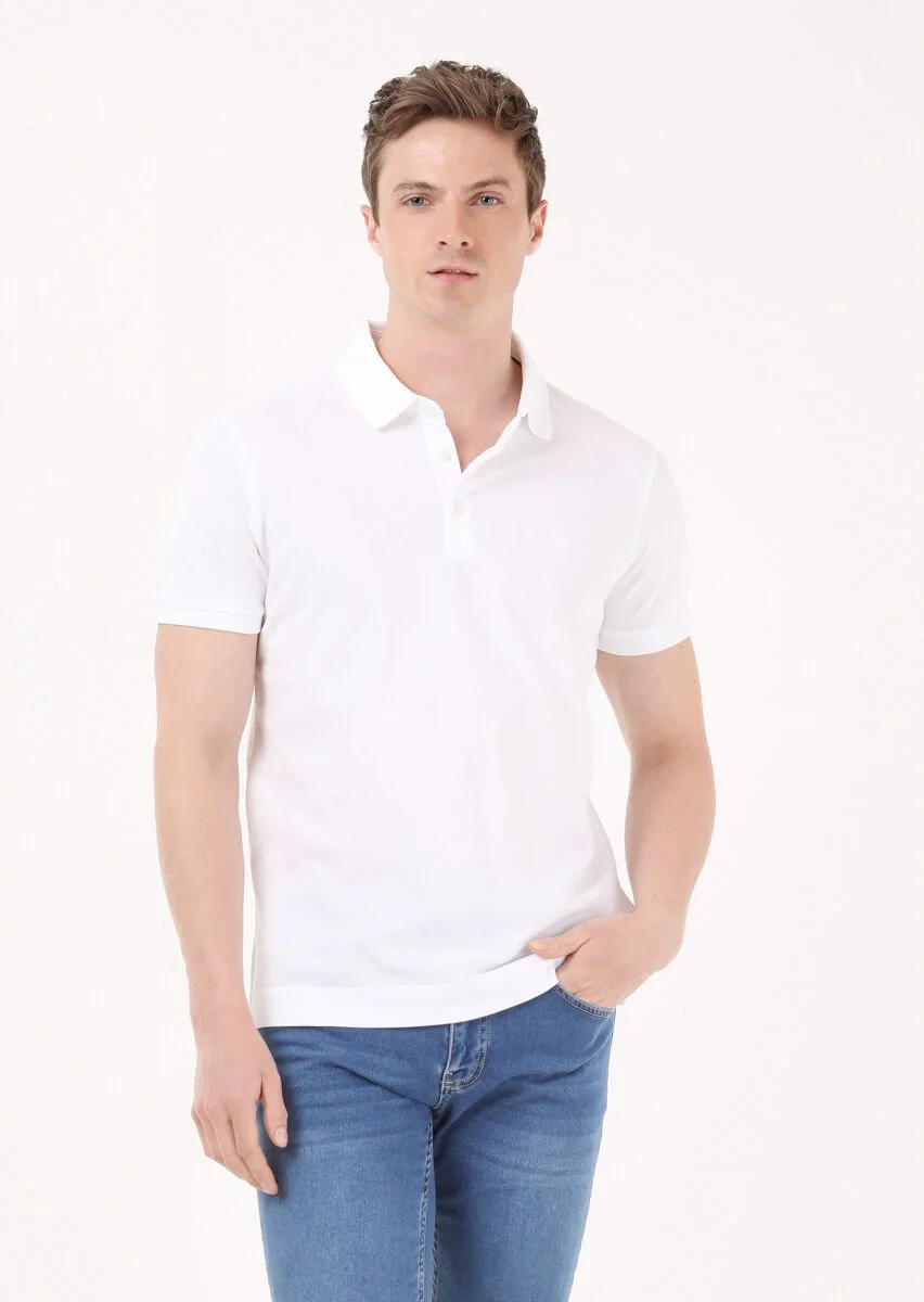 Beyaz Jakarlı Polo Yaka %100 Pamuk T-Shirt - 1