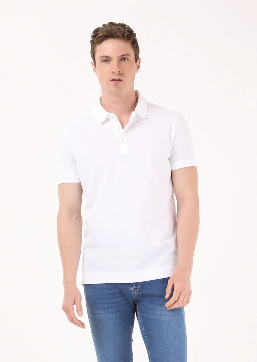 Beyaz Jakarlı Polo Yaka %100 Pamuk T-Shirt - 3