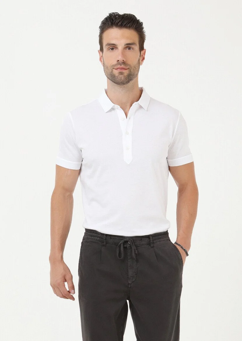 Beyaz Jakarlı Polo Yaka %100 Pamuk T-Shirt - 1
