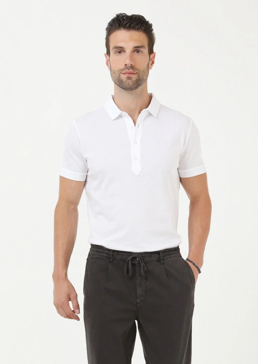 Beyaz Jakarlı Polo Yaka %100 Pamuk T-Shirt - 1