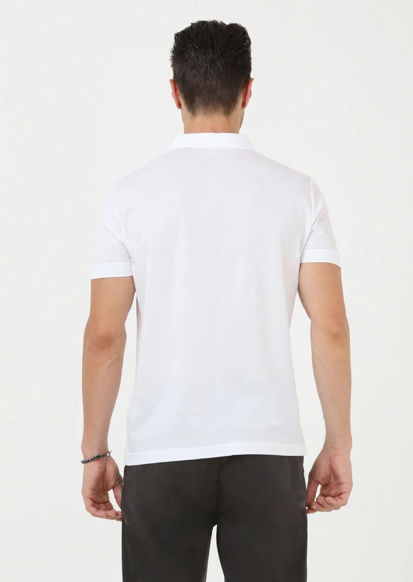 Beyaz Jakarlı Polo Yaka %100 Pamuk T-Shirt - 5