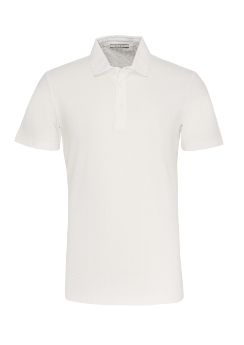 Beyaz Jakarlı Polo Yaka %100 Pamuk T-Shirt - 1