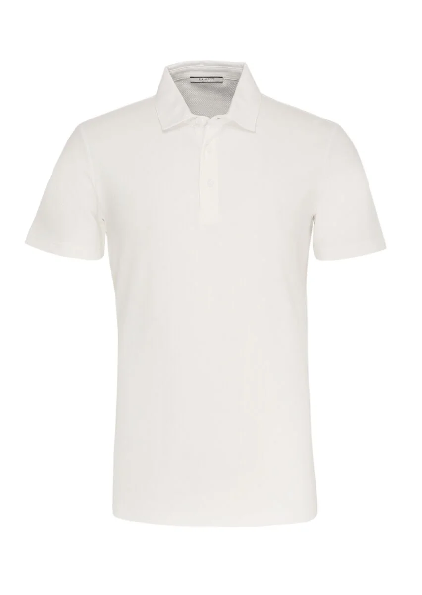 Beyaz Jakarlı Polo Yaka %100 Pamuk T-Shirt - 1