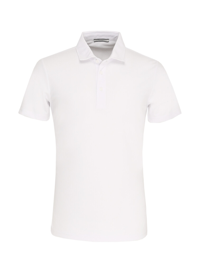 Beyaz Jakarlı Polo Yaka %100 Pamuk T-Shirt - 1