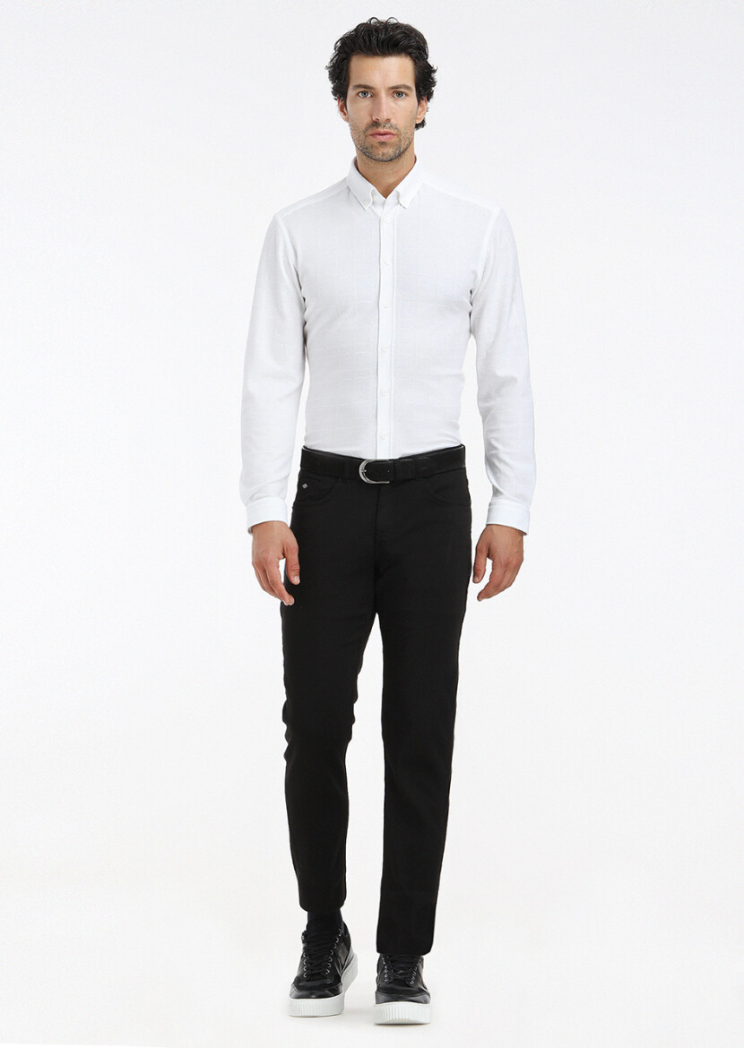 Beyaz Kareli Slim Fit Uzun Casual %100 Pamuk Gömlek - 1
