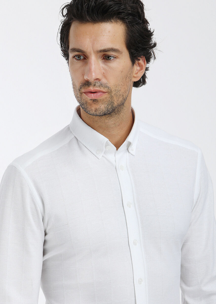 Beyaz Kareli Slim Fit Uzun Casual %100 Pamuk Gömlek - 2