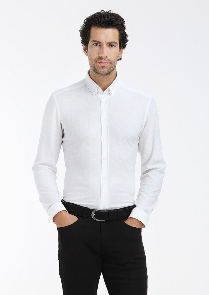Beyaz Kareli Slim Fit Uzun Casual %100 Pamuk Gömlek - 3