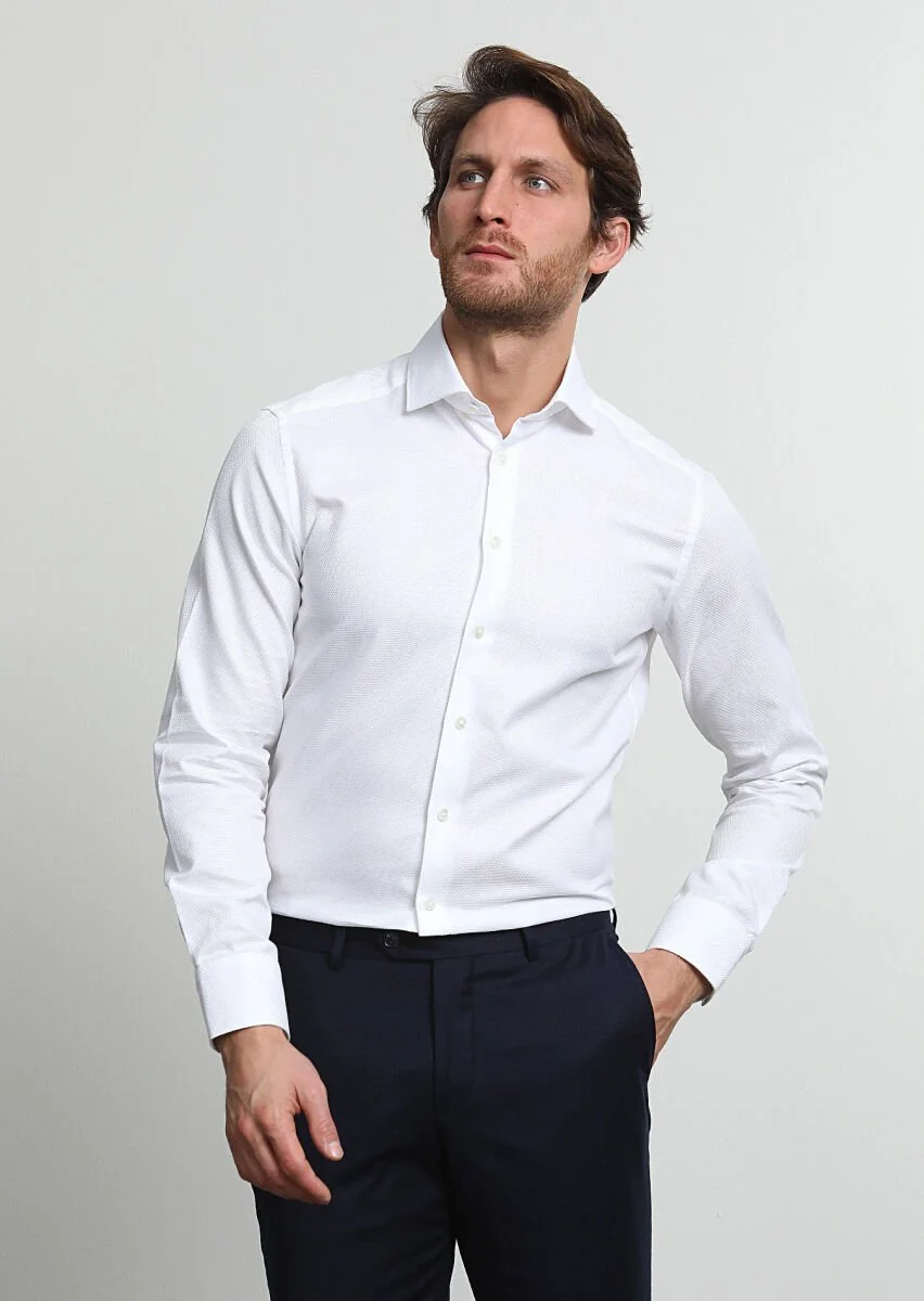 Beyaz Mikro Regular Fit Dokuma Klasik %100 Pamuk Gömlek - 1