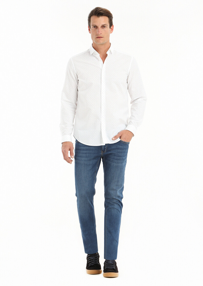Beyaz Mikro Regular Fit Uzun Dokuma Casual Pamuk Karışımlı Gömlek - 1