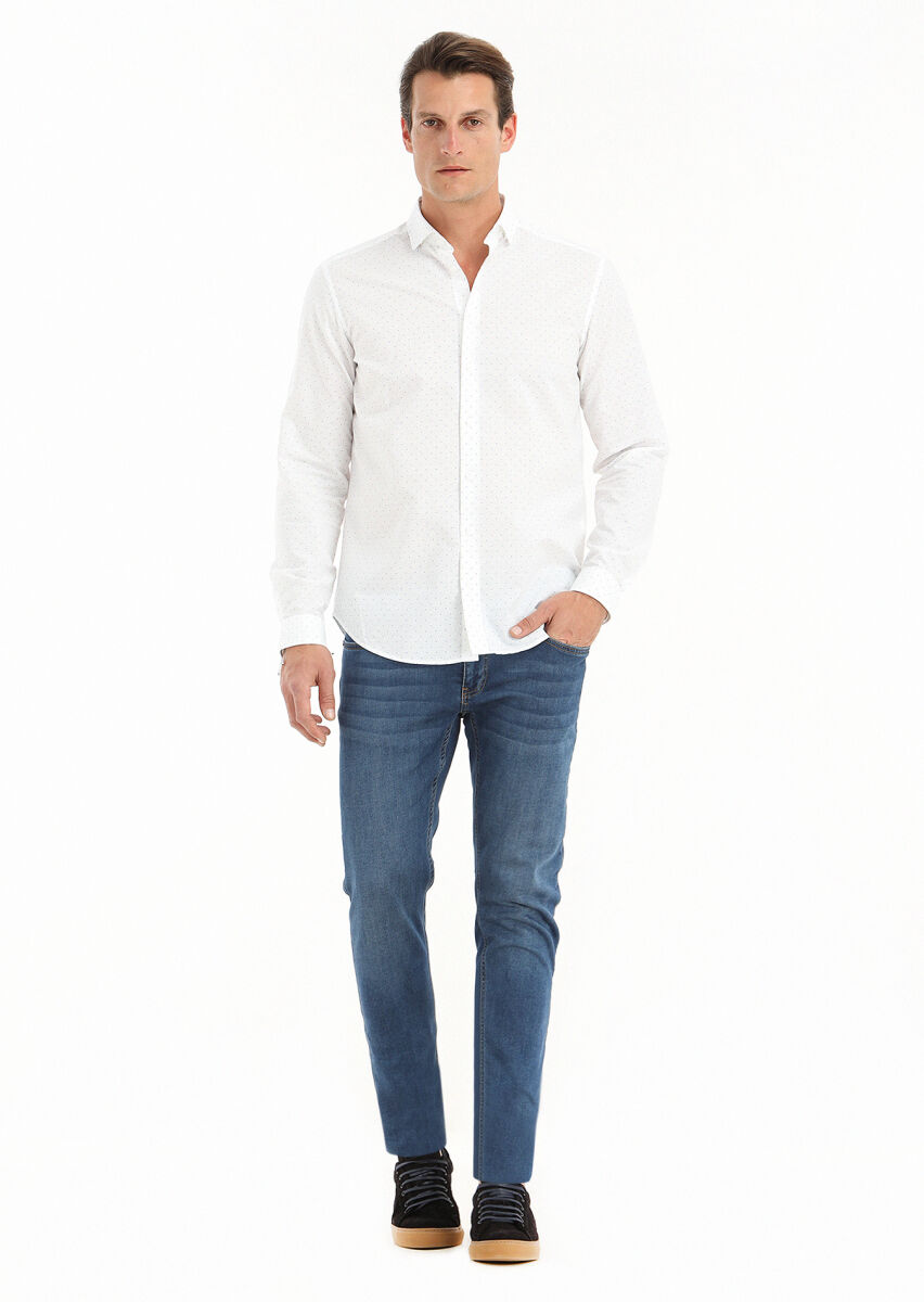 Beyaz Mikro Regular Fit Uzun Dokuma Casual Pamuk Karışımlı Gömlek - 1