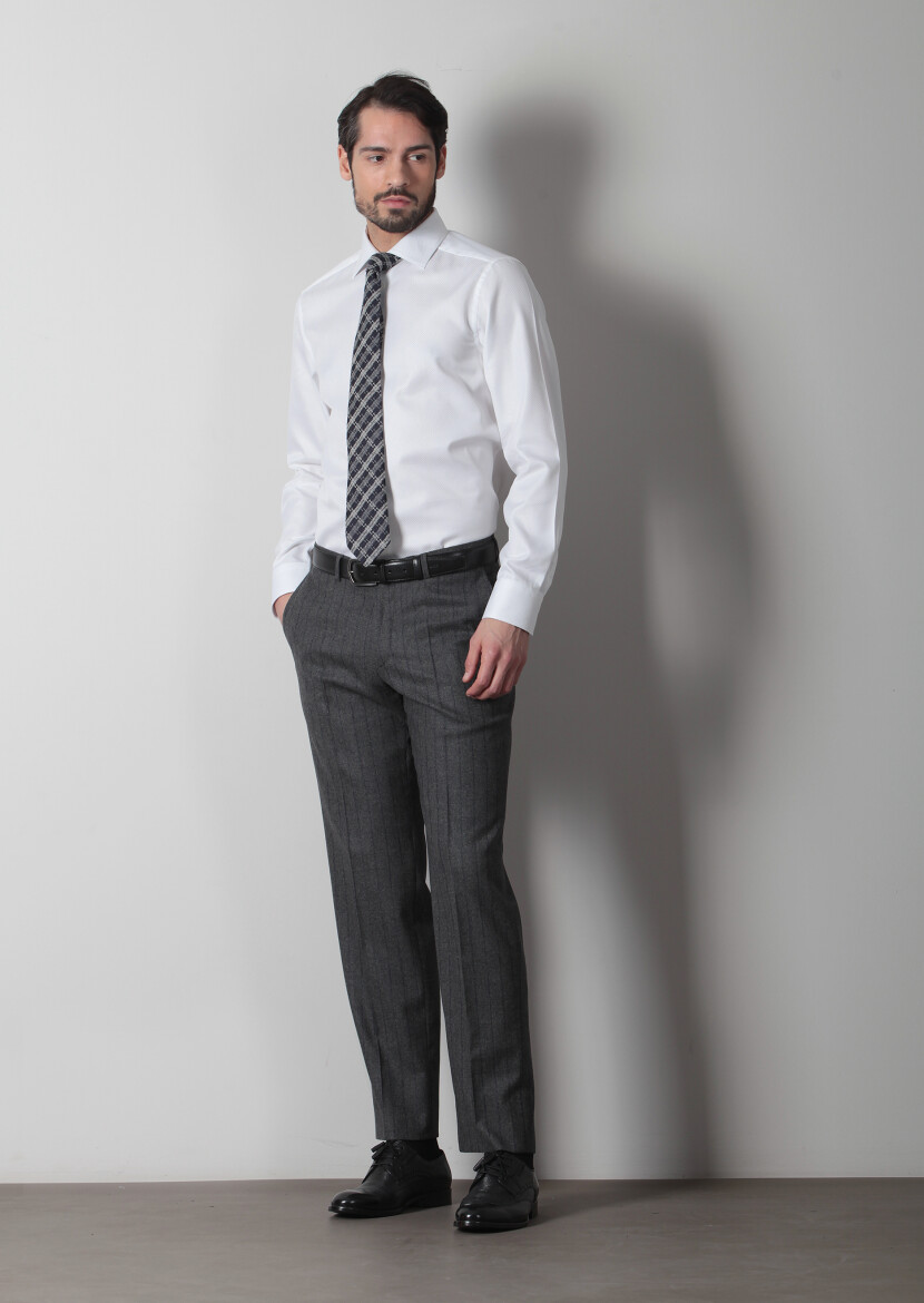 Beyaz Mikro Regular Fit Uzun Dokuma Klasik %100 Pamuk Gömlek - 1