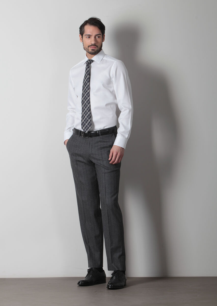 Beyaz Mikro Regular Fit Uzun Dokuma Klasik %100 Pamuk Gömlek - 1