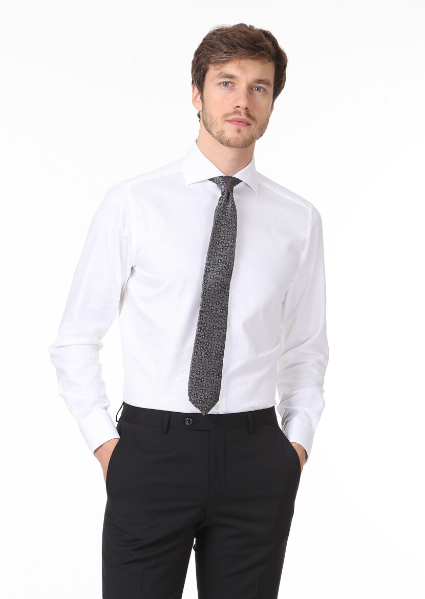 Beyaz Mikro Regular Fit Uzun Dokuma Klasik %100 Pamuk Gömlek - 1