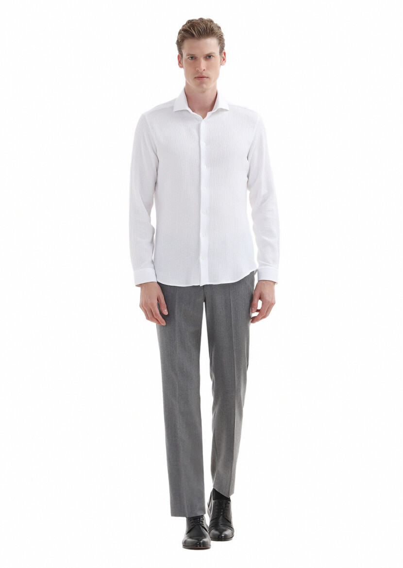 Beyaz Mikro Slim Fit Uzun Casual %100 Pamuk Gömlek - 1