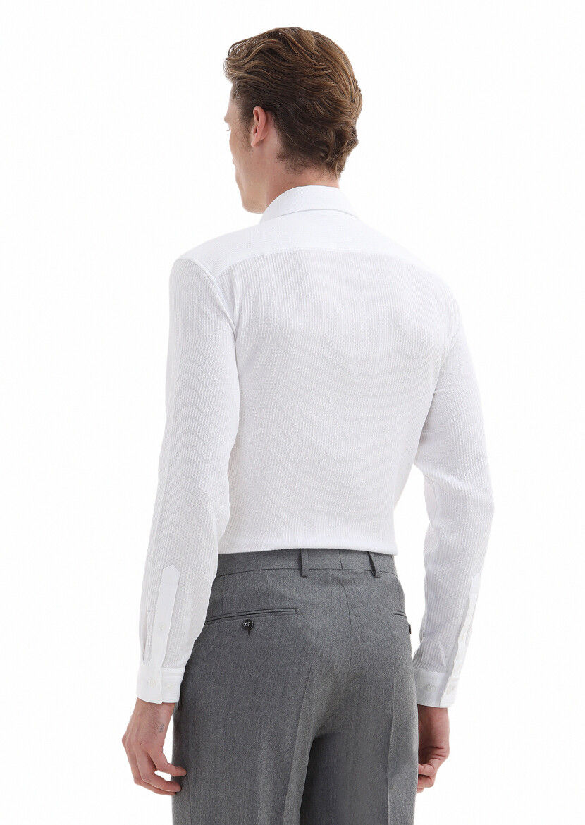 Beyaz Mikro Slim Fit Uzun Casual %100 Pamuk Gömlek - 4