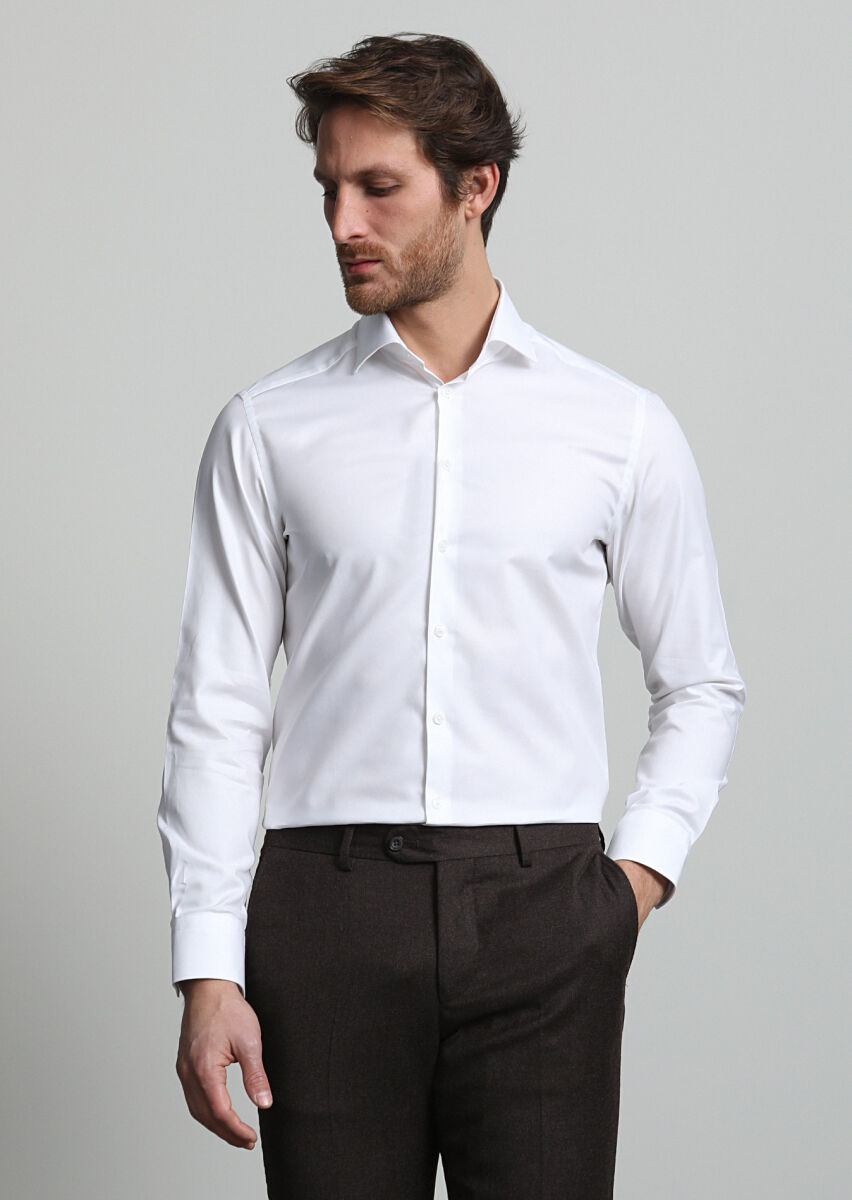 Beyaz Mikro Slim Fit Uzun Dokuma Klasik %100 Pamuk Gömlek - 1