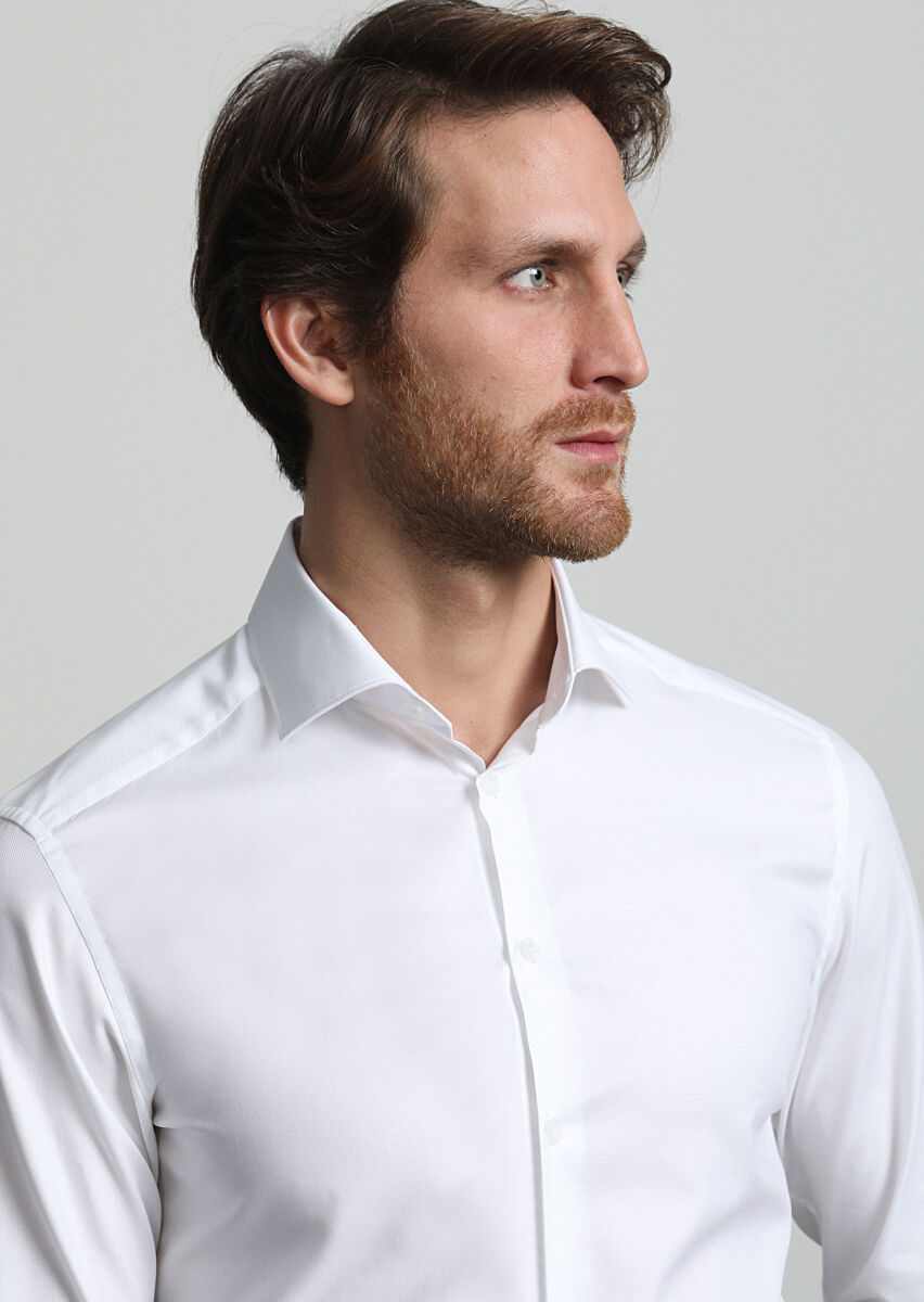 Beyaz Mikro Slim Fit Uzun Dokuma Klasik %100 Pamuk Gömlek - 2