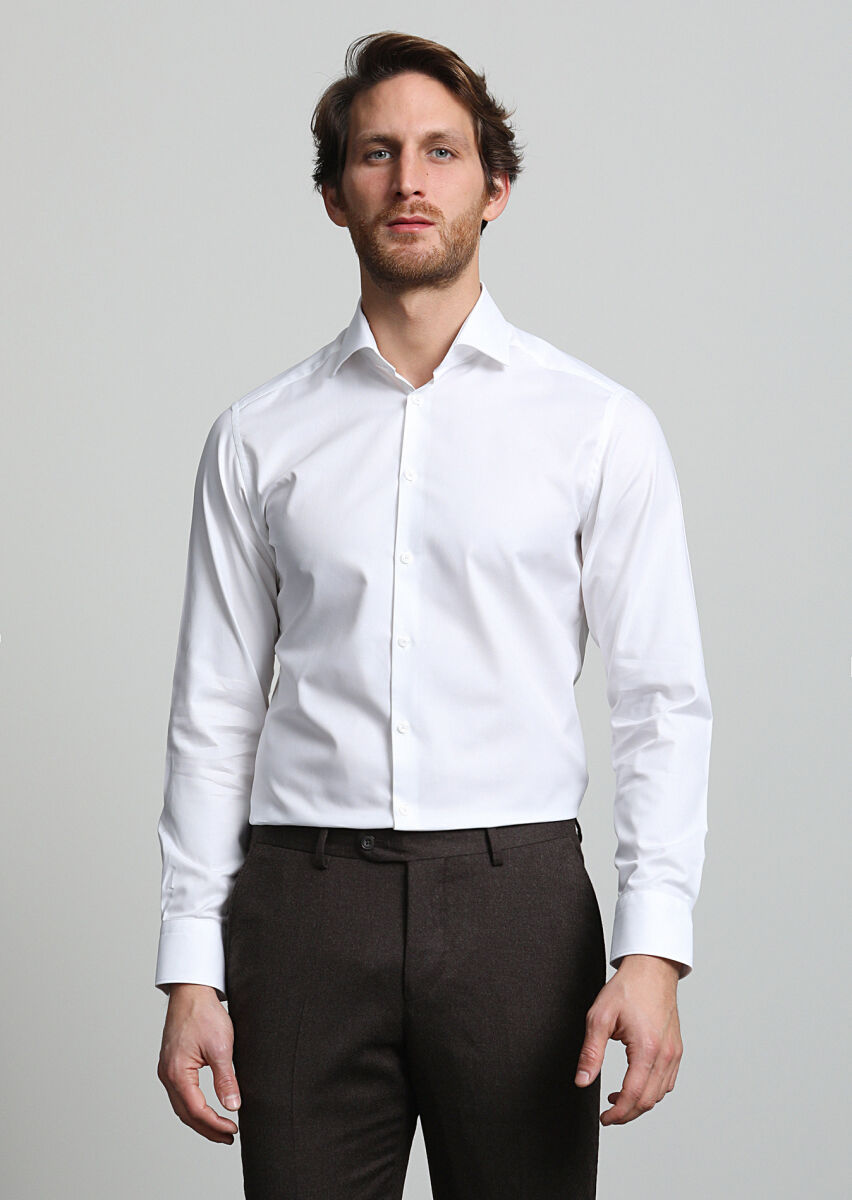 Beyaz Mikro Slim Fit Uzun Dokuma Klasik %100 Pamuk Gömlek - 3