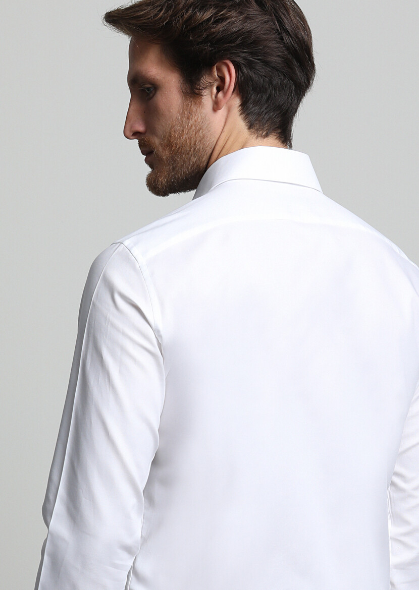 Beyaz Mikro Slim Fit Uzun Dokuma Klasik %100 Pamuk Gömlek - 4