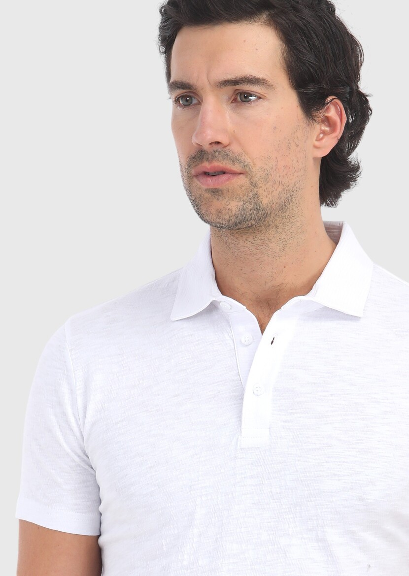 Beyaz Polo Yaka %100 Pamuk T-Shirt - 3