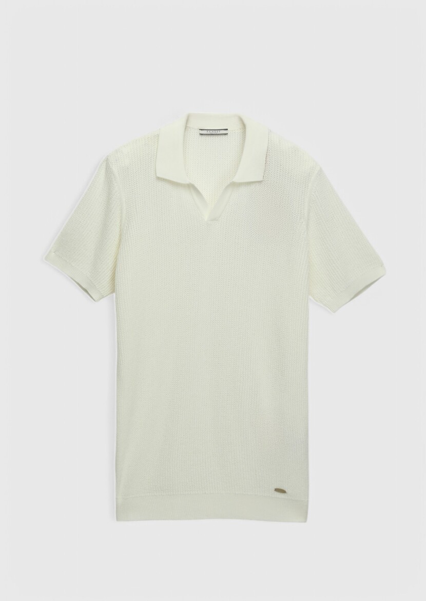 Beyaz Polo Yaka Jakarlı Triko - 7