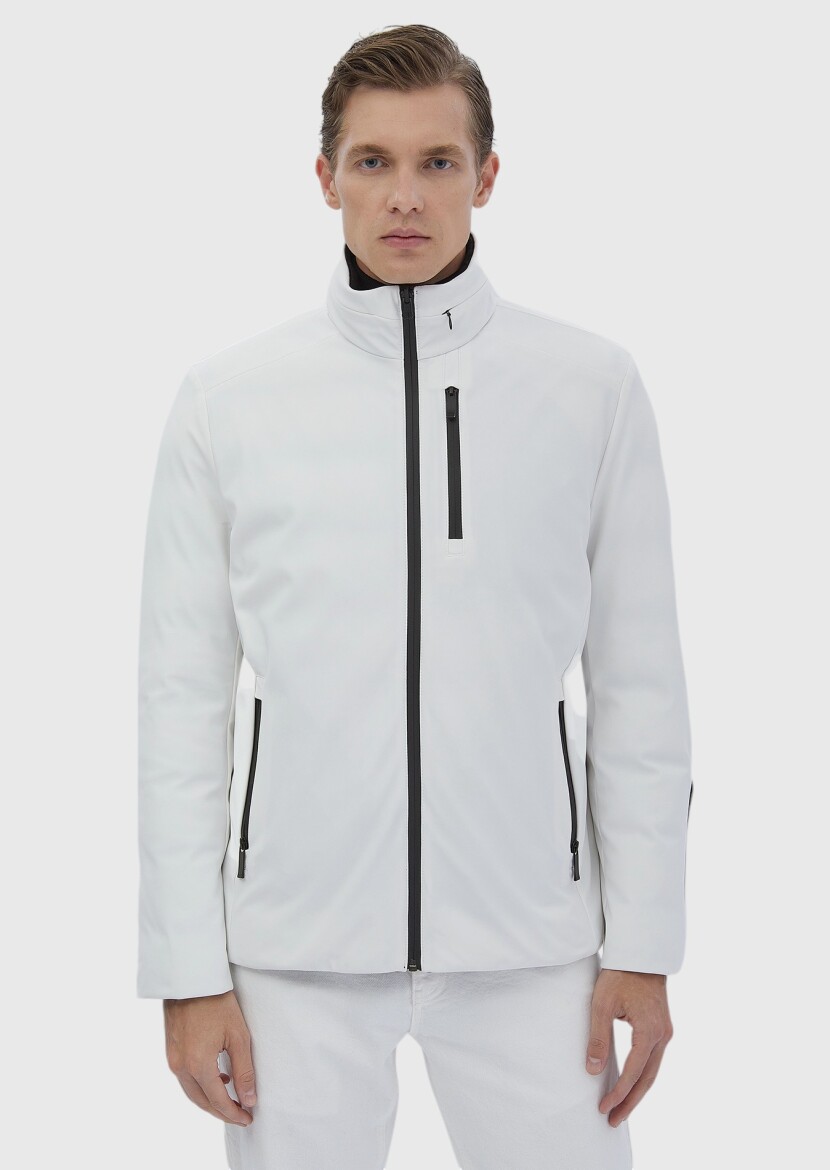 Beyaz Regular Fit Dik Yaka Casual Dokuma Çift Taraflı Mont - 2