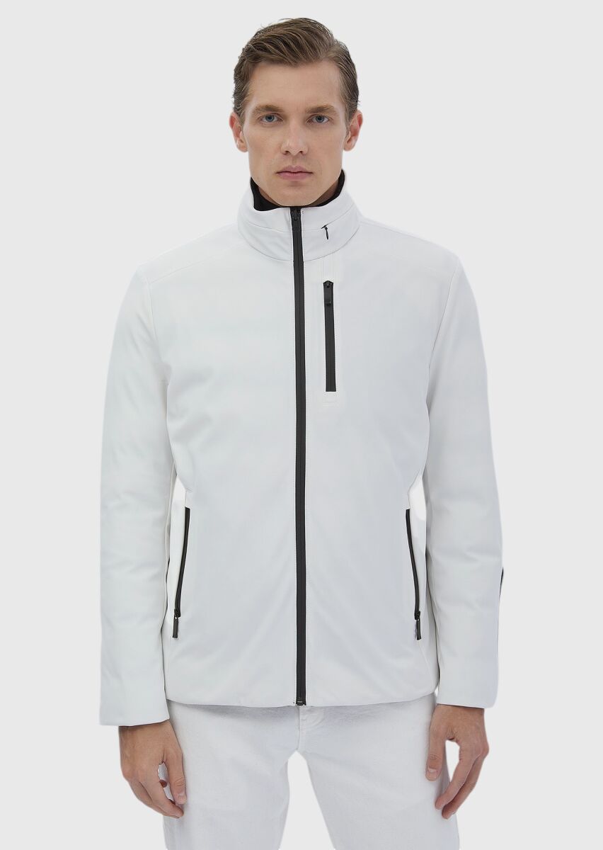 Beyaz Regular Fit Dik Yaka Casual Dokuma Çift Taraflı Mont - 2