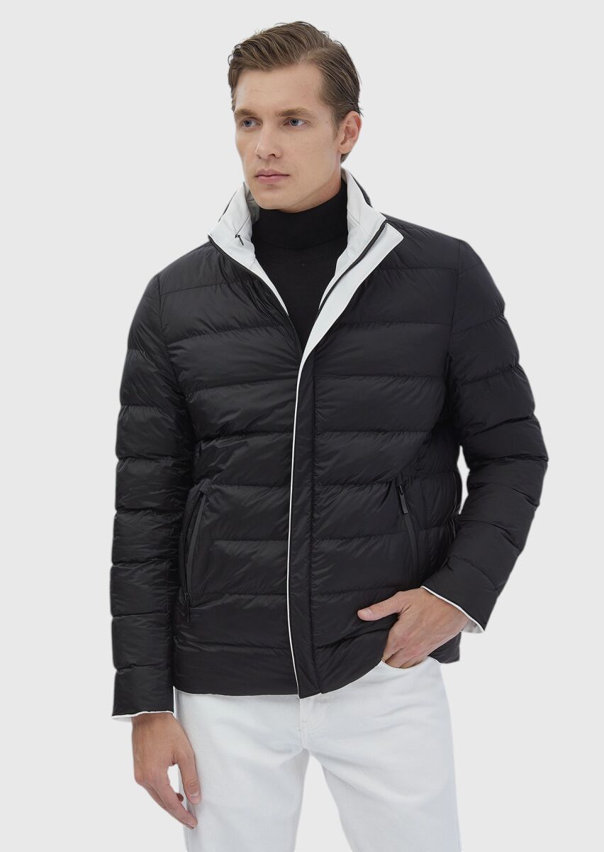 Beyaz Regular Fit Dik Yaka Casual Dokuma Çift Taraflı Mont - 3