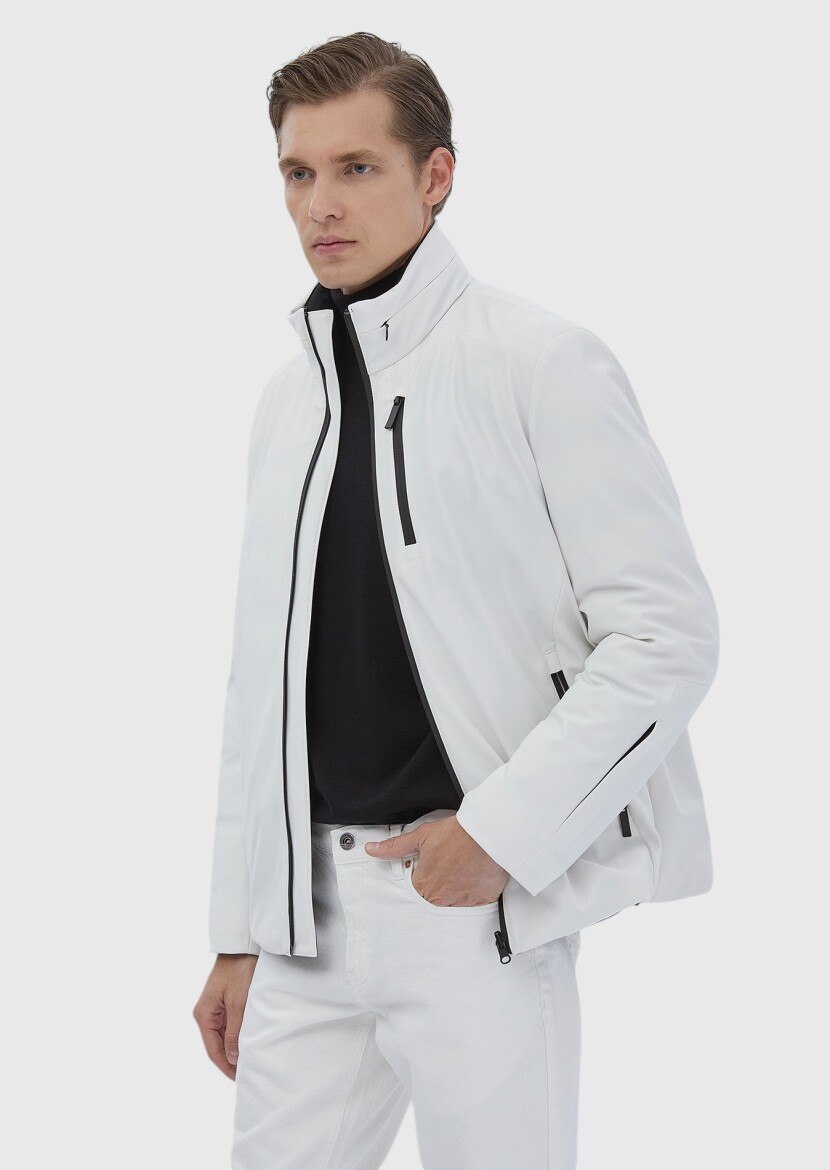Beyaz Regular Fit Dik Yaka Casual Dokuma Çift Taraflı Mont - 4