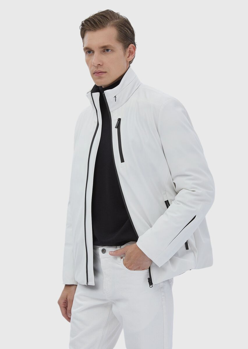 Beyaz Regular Fit Dik Yaka Casual Dokuma Çift Taraflı Mont - 4