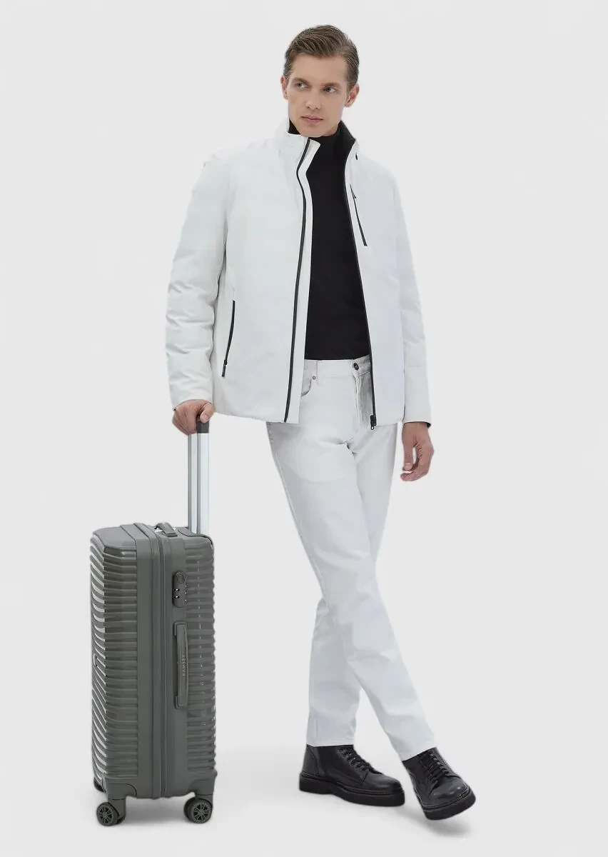 Beyaz Regular Fit Dik Yaka Casual Dokuma Çift Taraflı Mont - 1