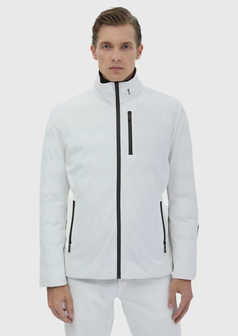 Beyaz Regular Fit Dik Yaka Casual Dokuma Çift Taraflı Mont - 2