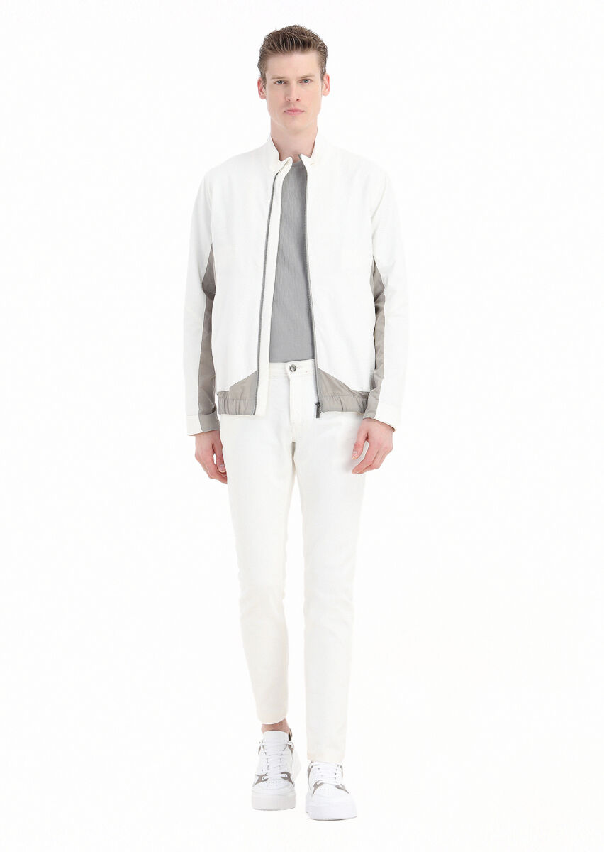 Beyaz Regular Fit Dik Yaka Casual Dokuma Mont - 1