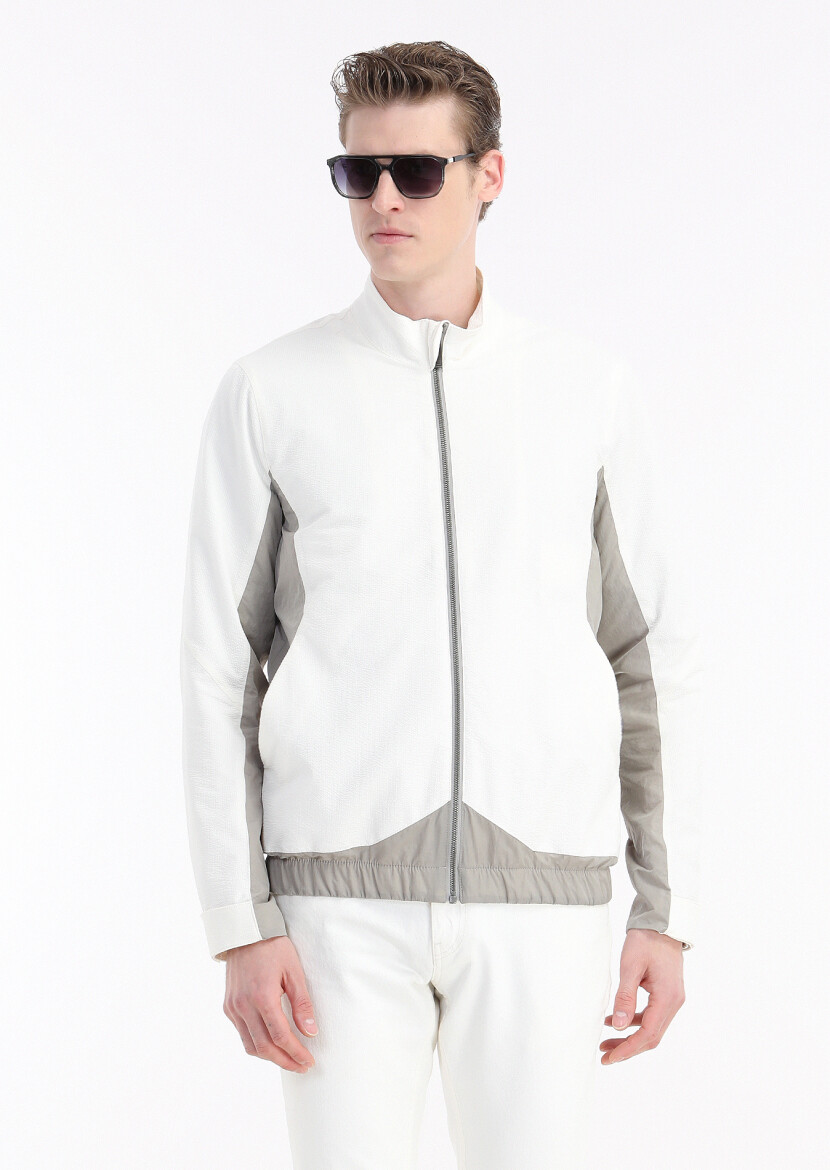 Beyaz Regular Fit Dik Yaka Casual Dokuma Mont - 4