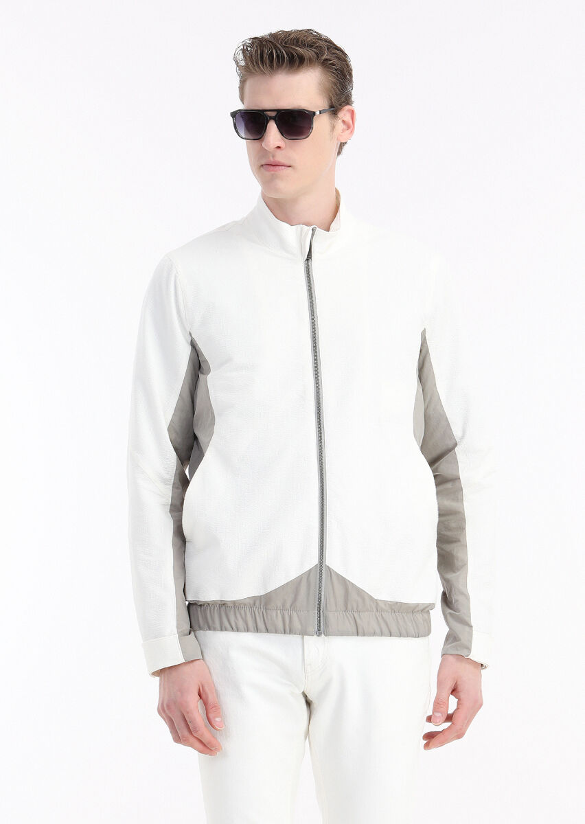 Beyaz Regular Fit Dik Yaka Casual Dokuma Mont - 4